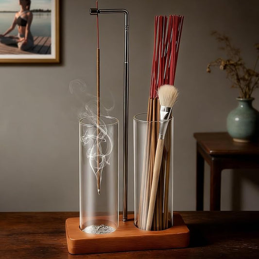 2 in 1 Incense Holder Modern Design– Adjustable Height (8.7"-13.4") with Secure Connection and, Vertical Incense Burner for Sticks & Cones, Glass Ash Catcher for Yoga Meditation Home Office Decor
