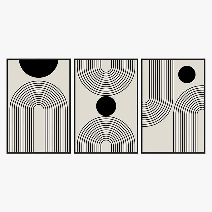 SAFERRYHOME Boho Abstract Wall Art, 3 Pieces Mid Century Modern Framed Canvas Wall Decor Neutral Beige Black Art Painting Print, Geometric Line Artwork Picture for Living Room Bedroom Office, 16"x24"
