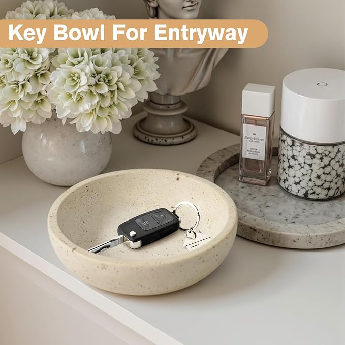 Marble Bowl Decorative, 7.8’’ Entryway Travertine Bowl For Keys Fruit Candy Jewelry, Natural Stone Bowls for Entry Table, Organic Modern Home Decor for Centerpieces, Beige