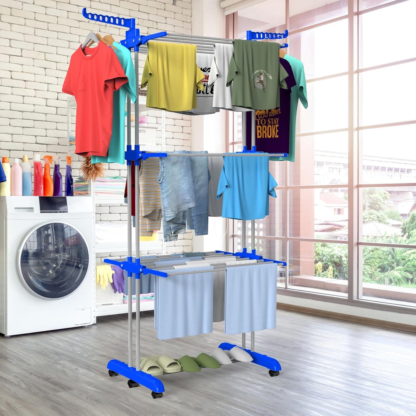Bigzzia Clothes Drying Rack, 67.7 Inch Laundry Drying Rack with Foldable Base, 4 Tier Stainless Steel Drying Rack Clothing, Movable Laundry Rack for Indoor Outdoor-Blue