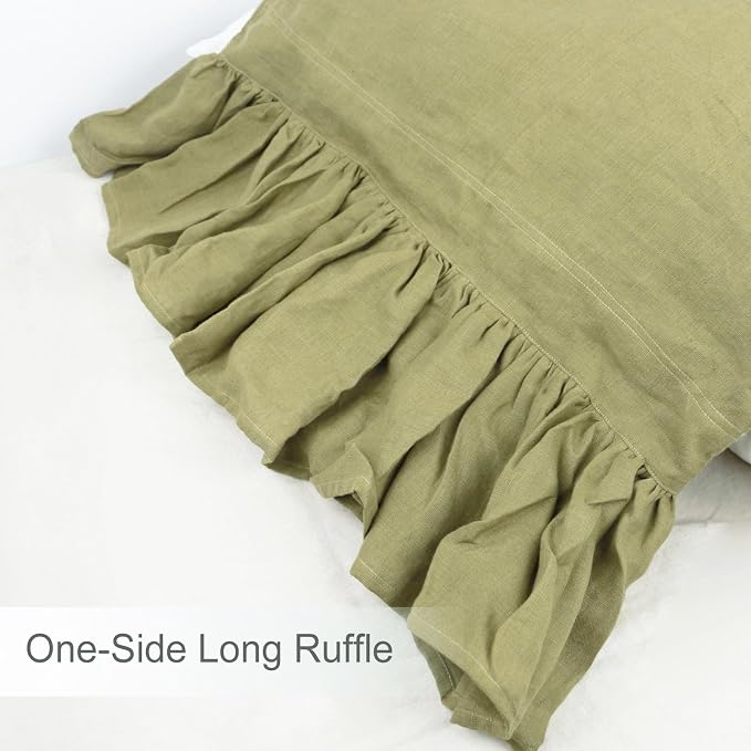 Olive Green Ruffles Linen Pillowcase, 100% French Linen Pillow Cover, Queen Size 1 Piece Farmhouse Shabby Chic Pillow Case, 20''x30'' Pillowcase with Decorative Ruffle Envelope Closure