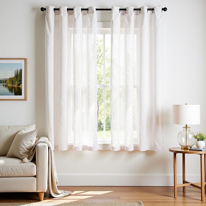 jinchan White Linen Curtains 72 Inch Long for Bedroom Dining Room 2 Panel Set Neutral Farmhouse Semi Sheer Linen Drapes Rustic Grommet Curtains Light Filtering Window Drapes Grommet 6FT