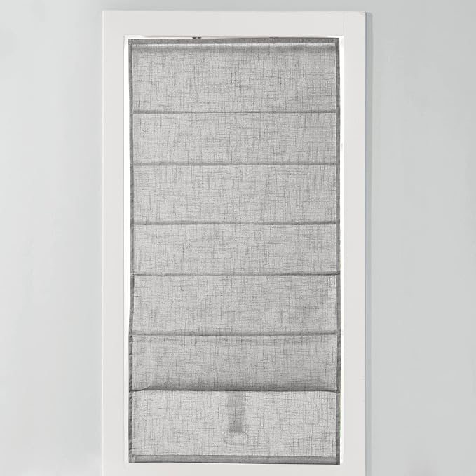 Madison Park Kyler Cordless Roman Shades - Single Panel, Lightweight Linen Blend Fabric, Natural Design, Easy Installation, Light Filtering Window Blind, Bedroom, Living Room Decor 29" W x 64" H Grey