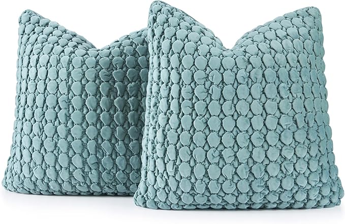Pillow Covers 24x24 Set of 2 Velvet Euro Shams Decorative Farmhouse Pillowcases Boho Square Cushion Covers Soft Bubble Texture for Couch Sofa Bed Bedroom Car Living Room，Blue Green