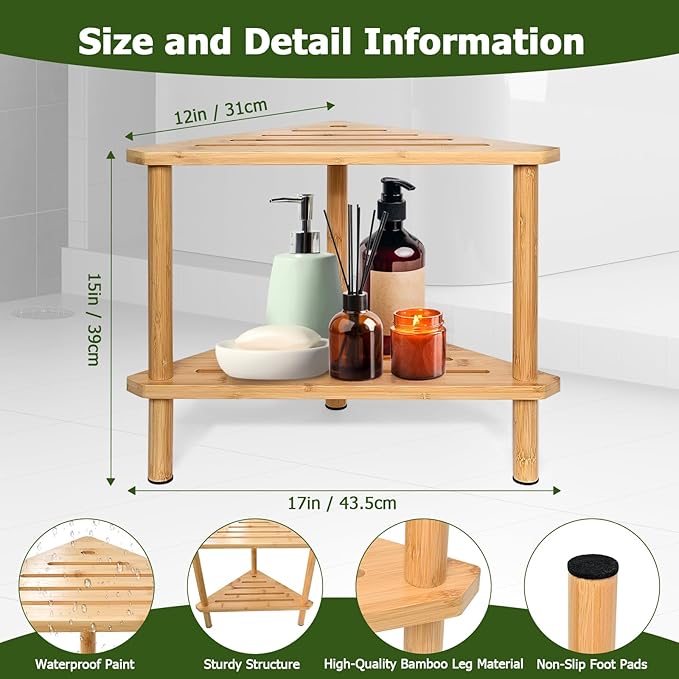Yoshiky Shower Foot Rest 15in, Shower Stool for Shaving Legs, Waterproof Wood Corner Shower Stool with Storage Shelf for Inside Small Shower Spaces, Bamboo
