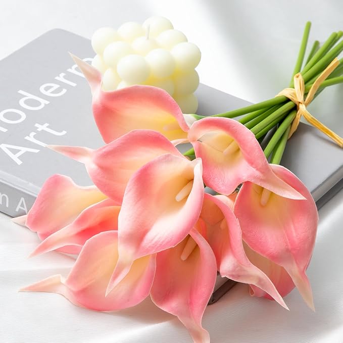 Floral Kingdom 20 Pack 14" Calla Lily Artificial Flowers – Real Touch Blush Pink Latex Faux Flowers for Home Decor, Table Centerpieces, Living Room and Weddings
