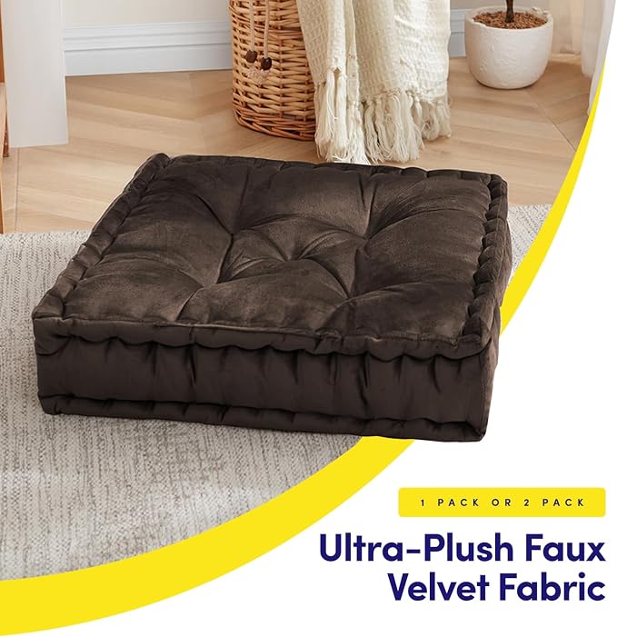 Floor Pillow Large Square Tufted Decorative Cushion 20" x 20" Faux Velvet Fabric Ultra Thick Fill for Kids and Adults, 2 Pack, Coffee Brown