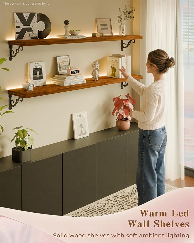 48 Inch 2 Tier Solid Wood Floating Shelves with LED Light, Metal Brackets | 48 inch solid pine shelves, 2 tier, warm LED light, walnut finish, metal brackets for books and decor