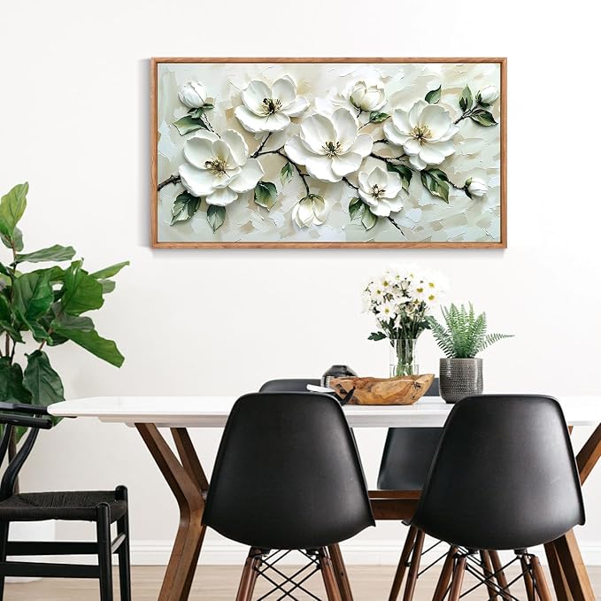 CHDITB 3D White Magnolia Floral Impasto Relief Textured Framed Canvas Wall Art Set, Neutral Beige Minimalist Wall Decor, Modern Texture Art Prints for Living Room Hallway Bedroom Home Decor 40"x20"