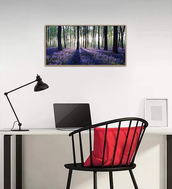 yearainn Framed Lavender Forest Wall Art – Purple Lavender Field with Sunlight through Trees Canvas Picture, Nature Landscape Painting Artwork for Home Wall Decor, Natural Wood Frame, 20" x 40"