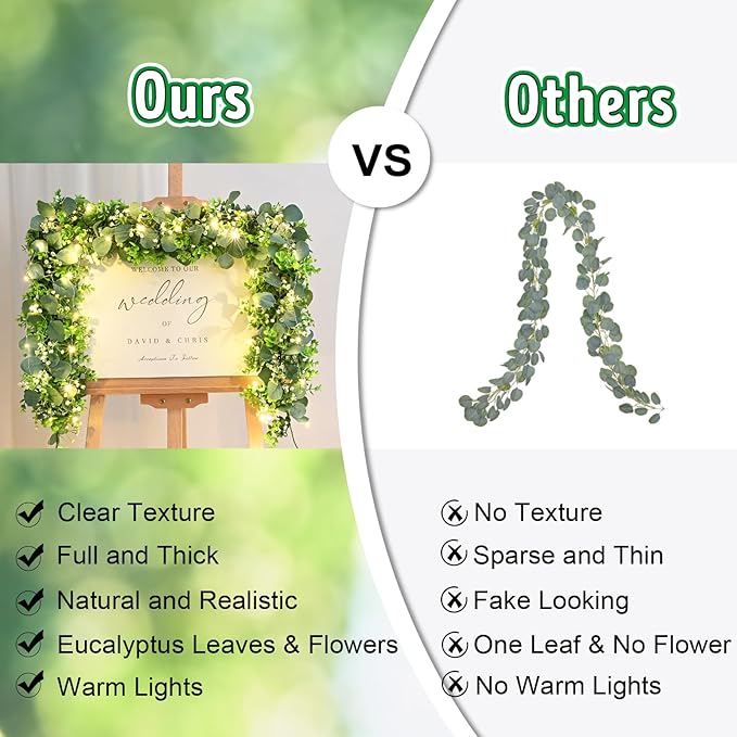 4Pcs Eucalyptus Garland with Lights, Greenery Garland, Green Garland with Flowers, 5.9FT Artificial Faux Eucalyptus Leaves Vines for Table Mantle Home Wedding Party Indoor Outdoor Decor