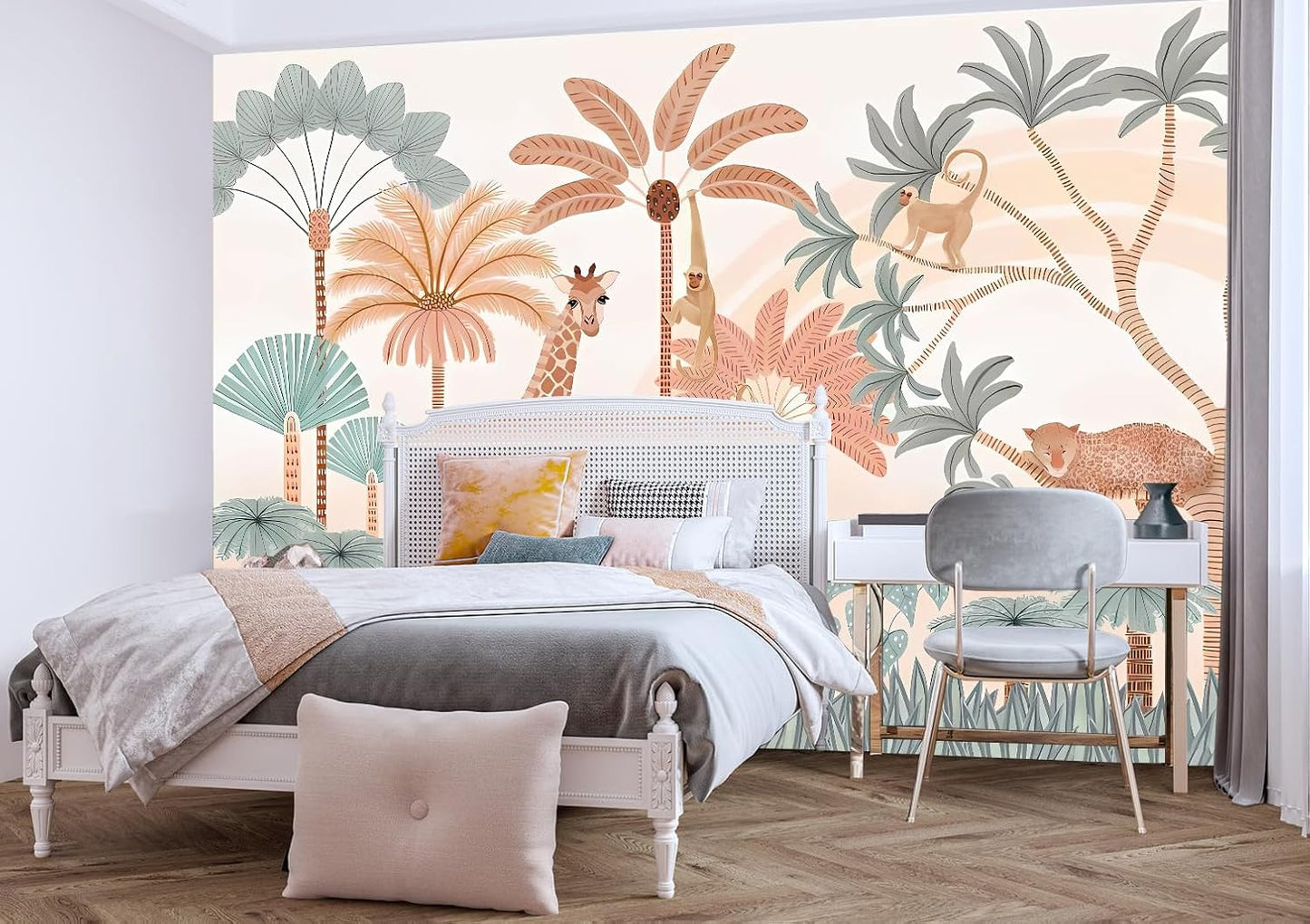 Safari Mural Wallpaper Tropical Tree Animal Large Wall Decor for Kids Room (Not Peel and Stick)