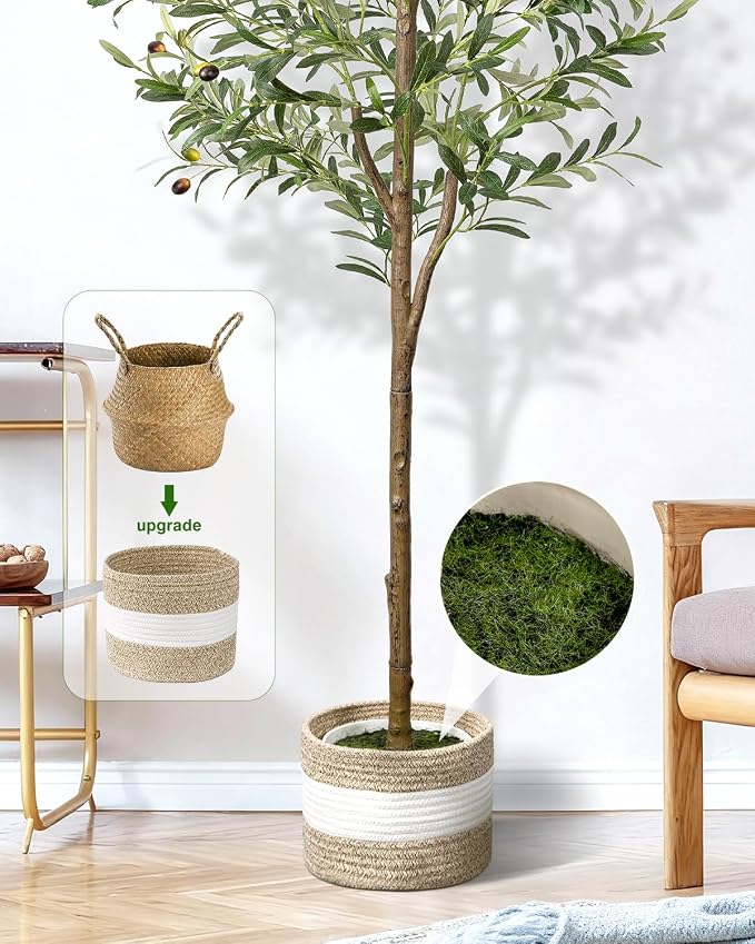 Artificial Olive Tree 5.5FT Faux Indoor Decorative Plant | Tall Trees with Planter&Basket, Large Fake Olive Silk Realistic Olive Plants with Branches for Home Decor Office Living Room