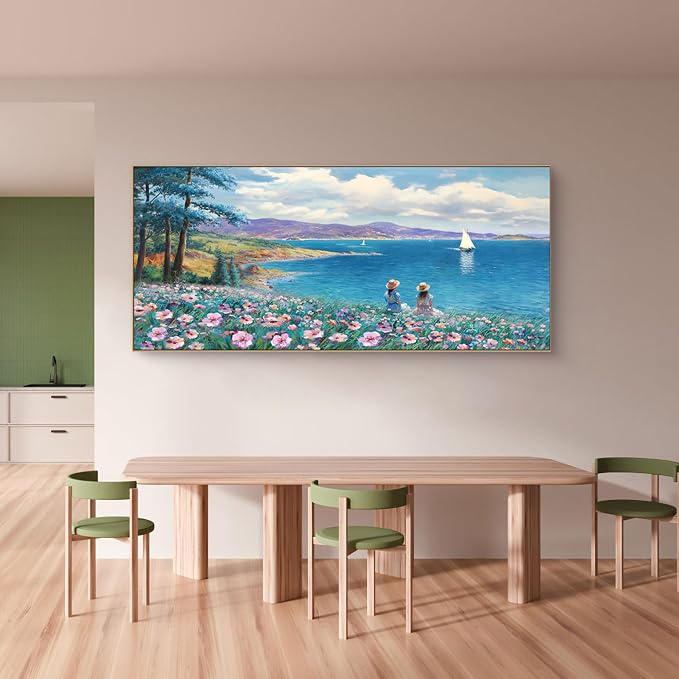 XLSJERST Framed Wall Art for Living Room - Extra Large 70x31 Inches Rustic style Seascape Canvas Picture Pink Flower Tree Sailboat Mountain Wall Decor for Bedroom Office Home Decoration