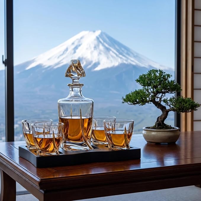 Ember Gilded Japanese Crystal Whisky Decanter Set with 4 Tumbler Glasses, Lead-Free Liquor Carafe & 10oz Rocks Glasses - Scotch Bourbon, Spirits & Wood Base Elegant Barware Gift for Men, Japan Design
