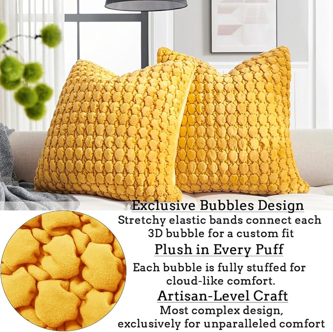 Pillow Cover 24x24 1 Piece Velvet Euro Sham Decorative Farmhouse Pillowcase Boho Square Cushion Covers Soft Bubble Texture for Couch Sofa Bed Bedroom Car Living Room，Yellow