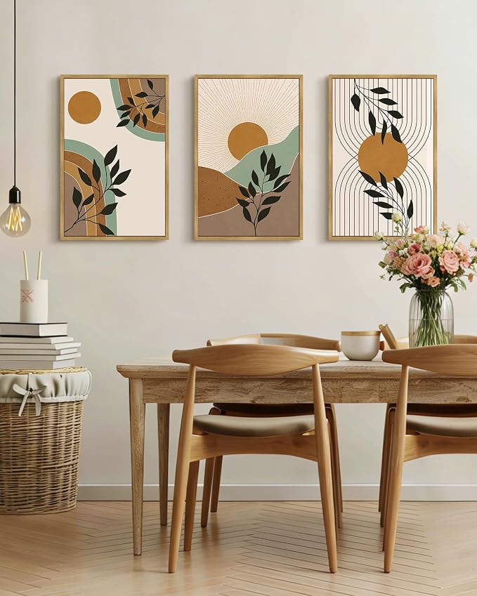 PHOPAGO Boho Abstract Wall Art Large 16x24in Botanical Mid Century Modern Framed Wall Printing Neutral Geometric Prints Bohemain Sage Decor for Farmhouse Home Office - Natural Framed