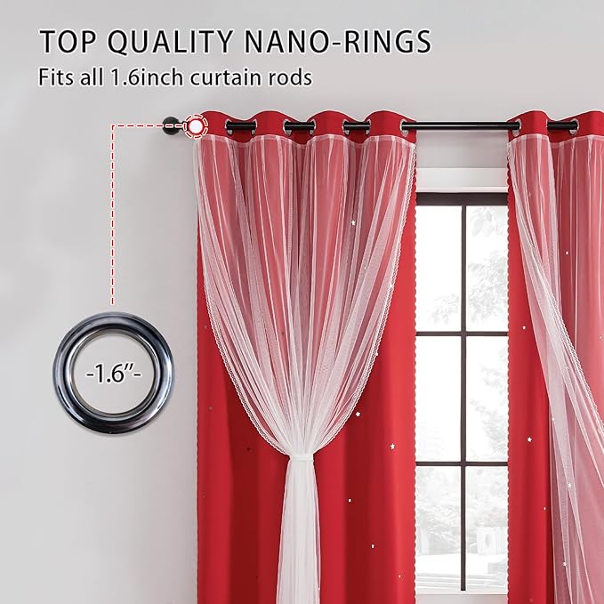 XiDi Red Curtains 63 Inches Long for Living Room Double Layer Curtains with Sheer Overlay for Girls Kids Bedroom Decor Ideal Princess Unicorn Theme Grommet Windows Drapes 2 Panels 34x63