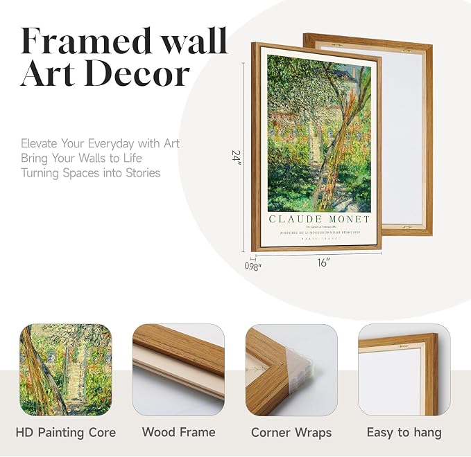 3 Piece Framed Monet Landscape Wall Art for Living Room, Large Impressionist Vintage Canvas Artwork for Walls, Green Tree Nature Prints Painting for Bedroom Dining Room Wall Decor 16x24 Inch