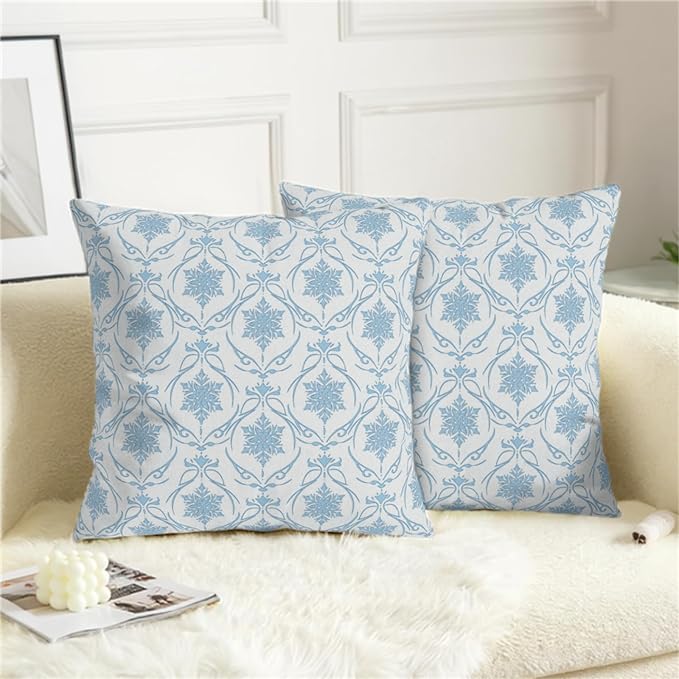 Winter Snowflakes Pillow Covers Blue Block Print Throw Pillow Covers Vintage Neutral Pillowcase 22x22 Set of 2 Elegant French Cushion Case for Living Room Couch Sofa