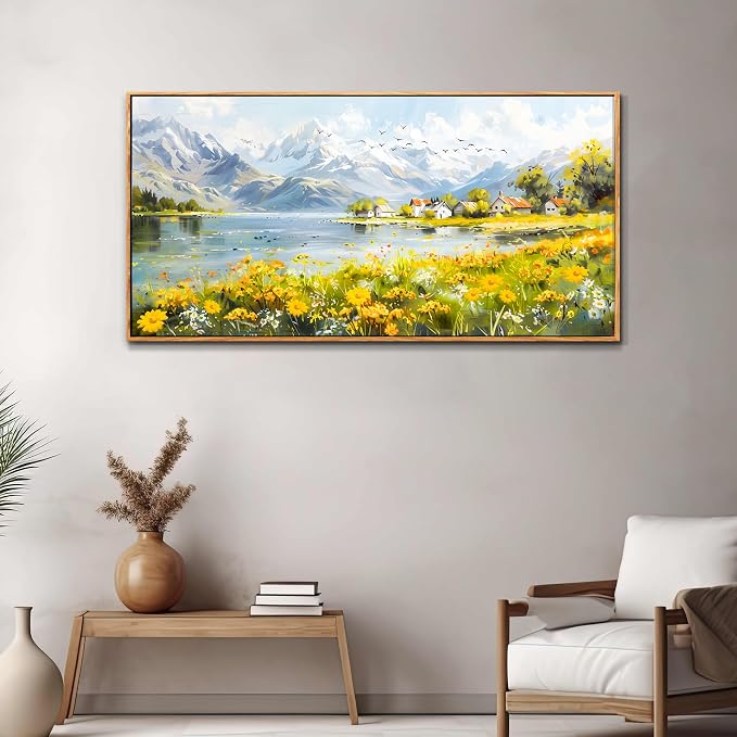 XIGUANGART Large Wall Art for Living Room, River Landscape Wall Art, Meadow Wildflower Canvas Art Prints, Countryside Sunset Paintings Wall Decor for Bedroom, Farmhouse Kitchen Decor Pictures 24"X48"