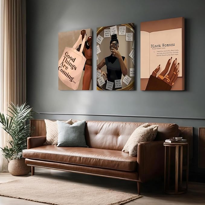 Black Girl Wall Art African American Woman Canvas Wall Decor Black Female Wall Art Fashion Women Poster Feminine Boho Pictures Abstract Paintings for Bedroom Bathroom 12x16x3 Inch Ready to Hang