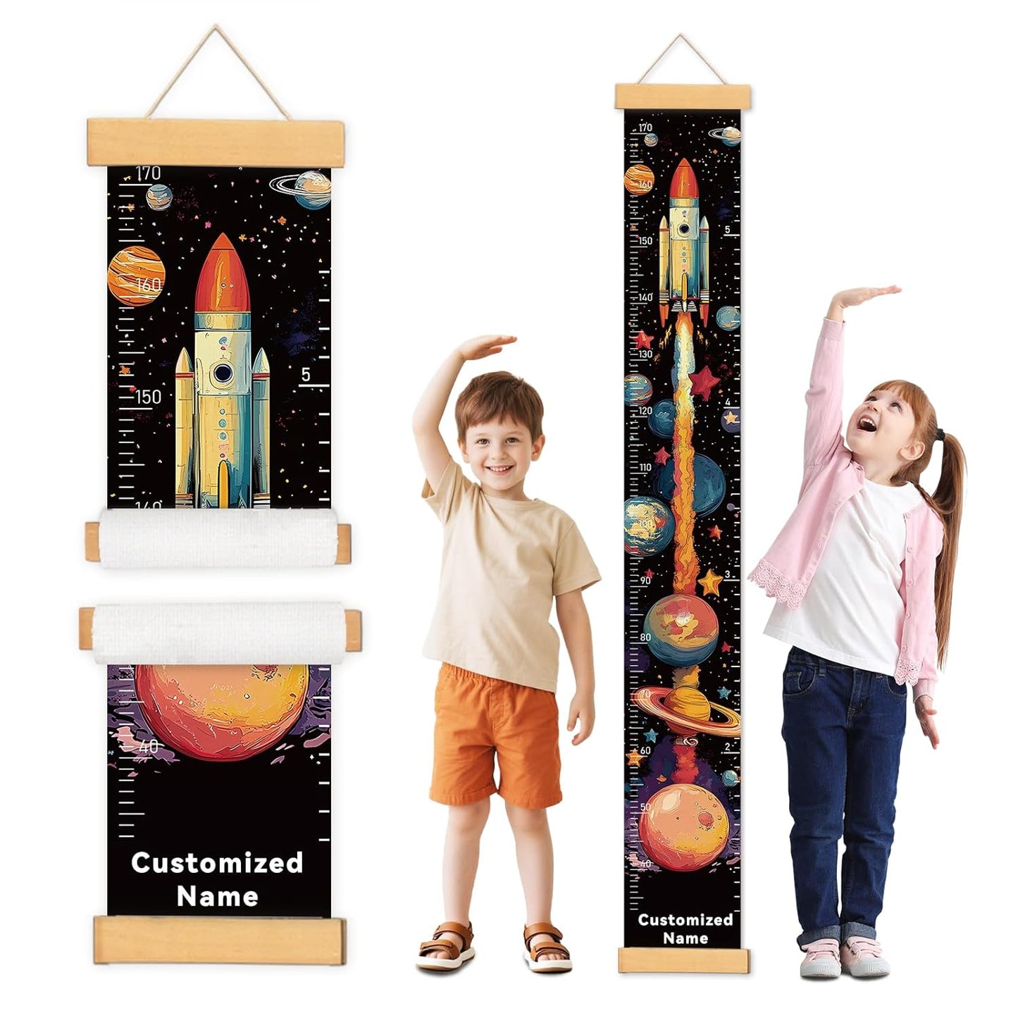 Personalized Name Growth Chart Wall Decor for Kids – Canvas Removable Height Chart Measuring Ruler 59" x 7.9" (Rocket)