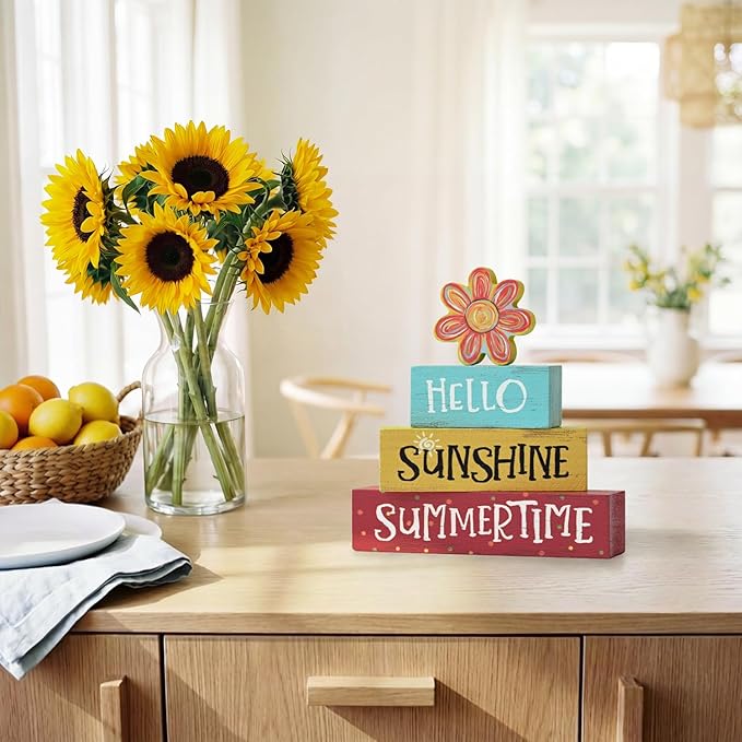 Smile 4 Pcs Summer Indoor Wooden Decor, Sunflowers Colorful Hello Sunshine Summer Tiered Tray Farmhouse Table Decoration for Home and Office