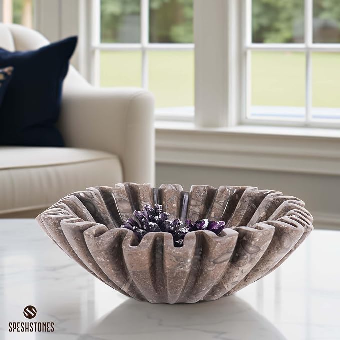 Marble Decorative Bowl Handmade 8 Inch Stone Ruffle Bowl, Fruit Bowl for Kitchen Counter, Large Scalloped Bowls for Housewarming Gifts, Modern Fluted Bowl for Home Decor