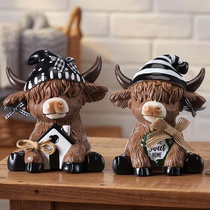 Wesiti 2 Pcs Highland Cow Home Decor Figurines Resin Farmhouse Ornament Set, Cute Cow Statues with House Home Sweet Sign, Rustic Tiered Tray Table Decor Gifts for Garden Kitchen Office