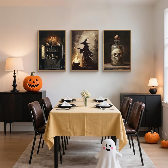HPNIUB Halloween Witch Framed Canvas Wall Art Set, Terrifying Skeleton Poster Artwork, Vintage Halloween Wall Decor, Dark Academia Gothic Pictures for Bedroom Living Room Bathroom Party-24 x36 x3