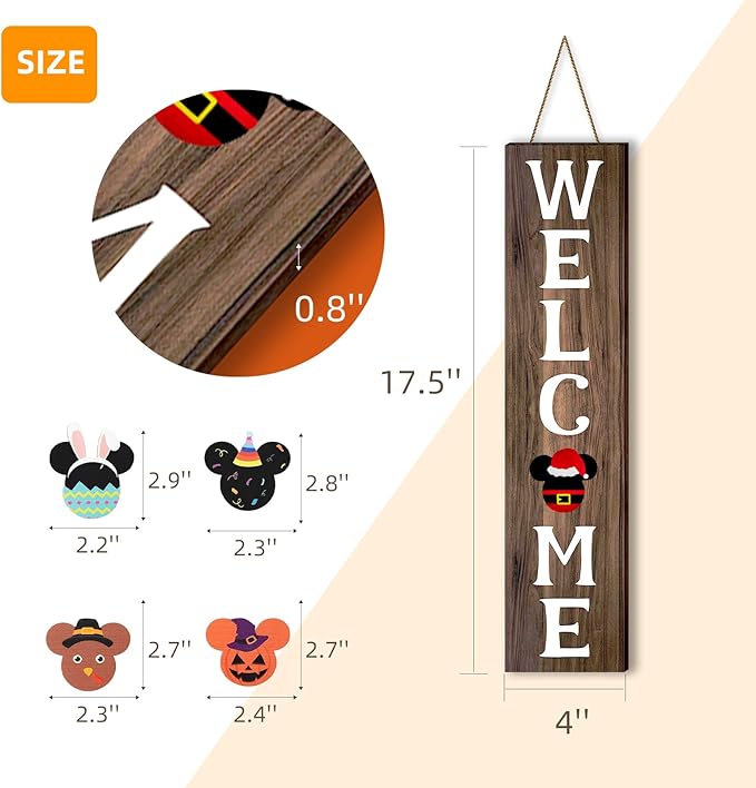 15.7'' Cute Mouse Seasonal Interchangeable Home Sign for Front Porch,18pcs Interchangeable Hanging Vertical Welcome Door Sign for Farmhouse/Wall/Porch Decor and Housewarming Gift