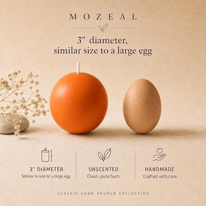 MOZEAL Hand-Poured, 3 Inch Orange Round Ball Candles - Elegant Orange Round Pillar Candles Set of 3, Dripless, Unscented, Smokeless, Ideal for Halloween Decor.