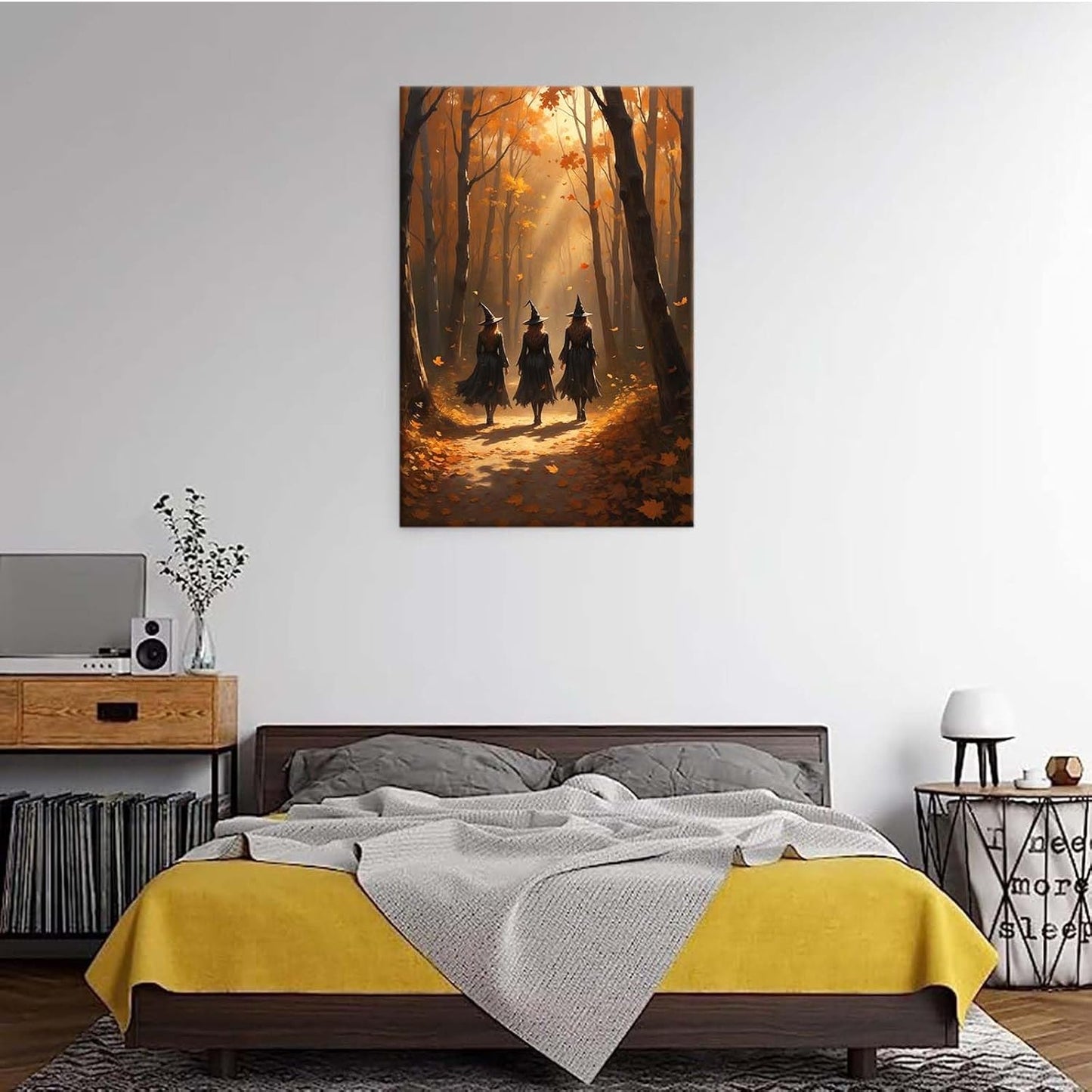 JFHCQJPK Three witches walking in the forest in autumn canvas painting gothic poster halloween print country witch wall art for home decoration8x12in Frameless