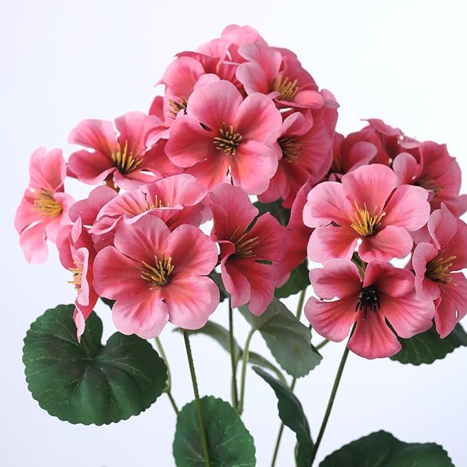 GLIDLION 12 Bundles Artificial Geranium Flowers for Spring Summer Decor, UV-Resistant Fake Plants Realistic Faux Silk Bouquets for Front Door Farmhouse Garden Porch Home Outdoor Decor (Peach Pink)