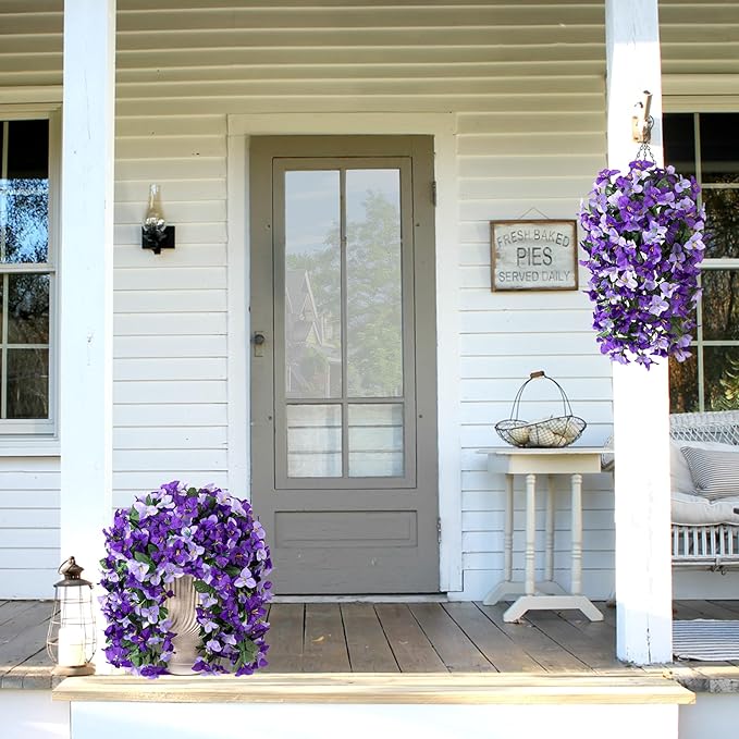 INXUGAO 2 pcs Artificial Faux Bougainvillea Flowers Plants for Outdoor Outside Summer Decoration, Fake Silk UV Resistant Long Trailing Vines for Front Door Porch Planter Balcony (Purple Dark Purple)