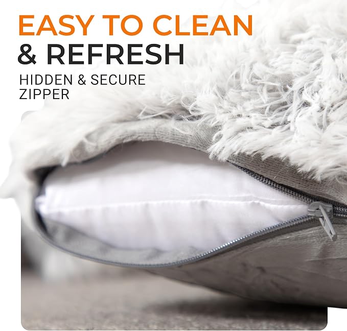 Cheer Collection Throw Pillows for Couch and Bed, Soft Shaggy Throw Pillows with Inserts Included, Cozy Long Hair Faux Fur Pillows - Set of 2-18" x 18" - Gray