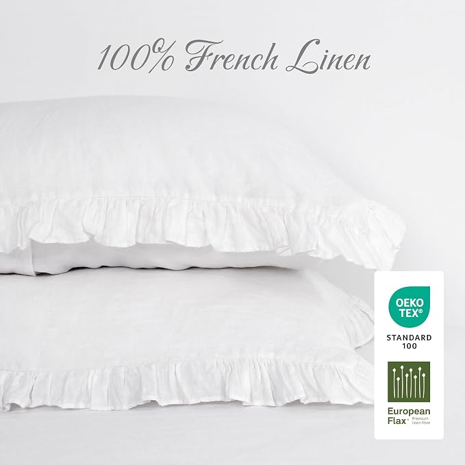Linen Ruffled Pillow Cases, 100% French Natural Linen Pillowcase Set of 2, Decorative Boho Pillow Cases Ruffle Bedding King Size (20''x40''), White