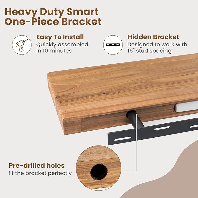 Floating Shelves for Wall, 48"Wx8"D Rustic Solid Elm Wood Floating Shelves Wall Mounted, Round Edge Wall Shelves with Invisible Bracket for Living Room Bathroom Bedroom Kitchen, Set of 1, Natural
