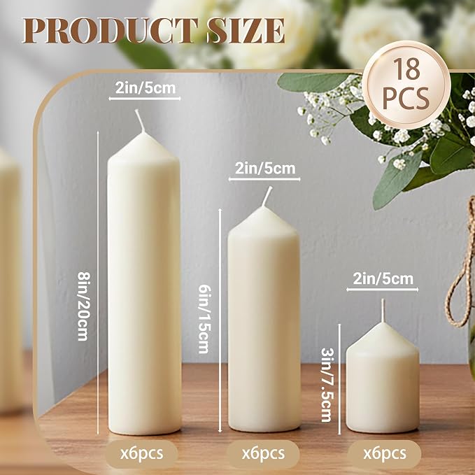 Pillar Candles Bulk Set - Unscented, Smokeless, Dripless | 3 Sizes: 2x3, 2x6, 2x8 Inches | Ideal for Weddings, Christmas & Home Decor (18, Ivory White)