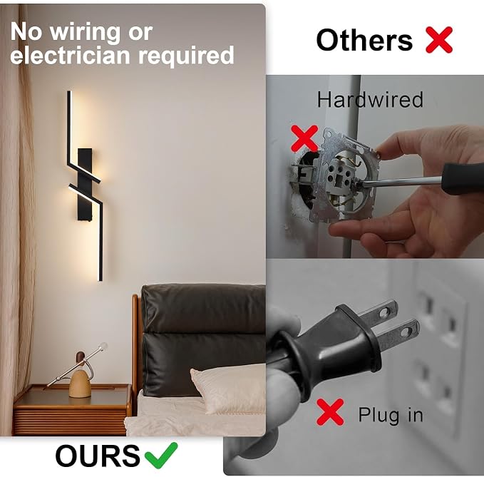Rechargeable Wireless Wall Sconces, Modern Wall Sconces Set of 2, Battery Operated LED Wall Lights with Remote, 3000K-6500K Dimmable Black Wall Sconce, No Hardwiring for Bedroom Living Room Hallway