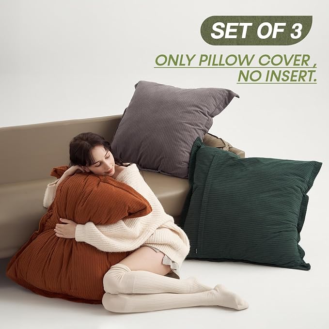 COCO TOP Pack of 3 Super Soft Extra Large Pillow Covers 28x28inch, Soft Textured Corduroy, Decorative Cushion Cases for Sofa, Bed, Lounge - Home Decor in（ Slate Grey, Dark Green & Rust）