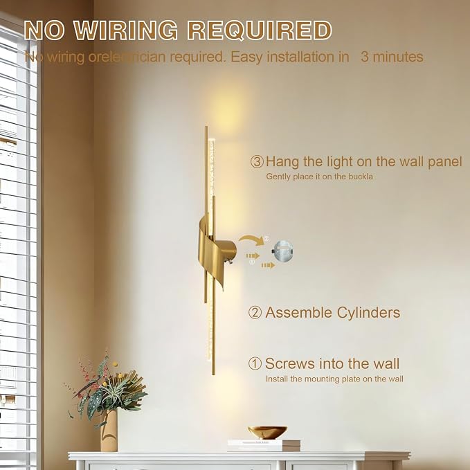 camuucci Battery Operated Wall Sconces Set of Two,Modern Wireless Wall Lights,LED Rechargeable 20000mAh Not Hardwired Remote Control Dimmable Wall Lamp Fixtures for Bedroom Gold 33 Inches