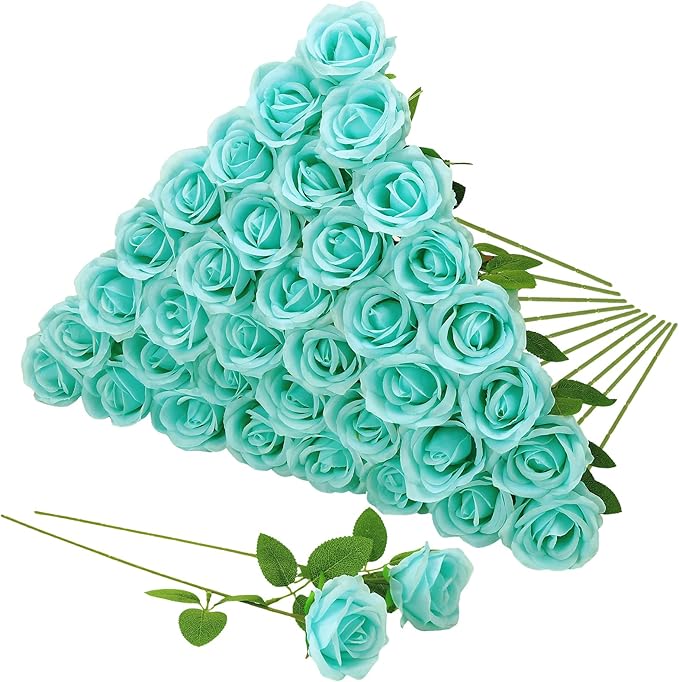 36 Pcs Turquoise Artificial Roses with Long Stems, Fake Silk Rose Artificial Flowers Bulk for Bridal Wedding Bouquet Centerpiece Ball Arrangement Party Decor