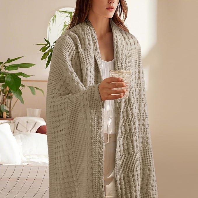 PHF 100% Cotton Waffle Throw Blanket for Couch, Lightweight Breathable and Soft for Summer, Luxury Aesthetic Waffle Weave Blanket for Home Decor & Office, Gifts for Women, 50"x60", Taupe