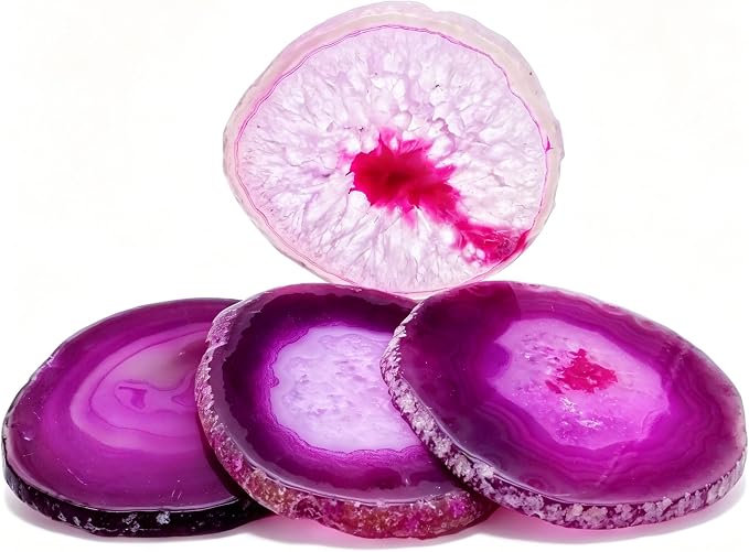 Pink Geode Drink Coasters Dyed 4-5" Set Agate Slice Large Gemstone Crystal Cup Mats for Coffee Table Wedding Creative Cards