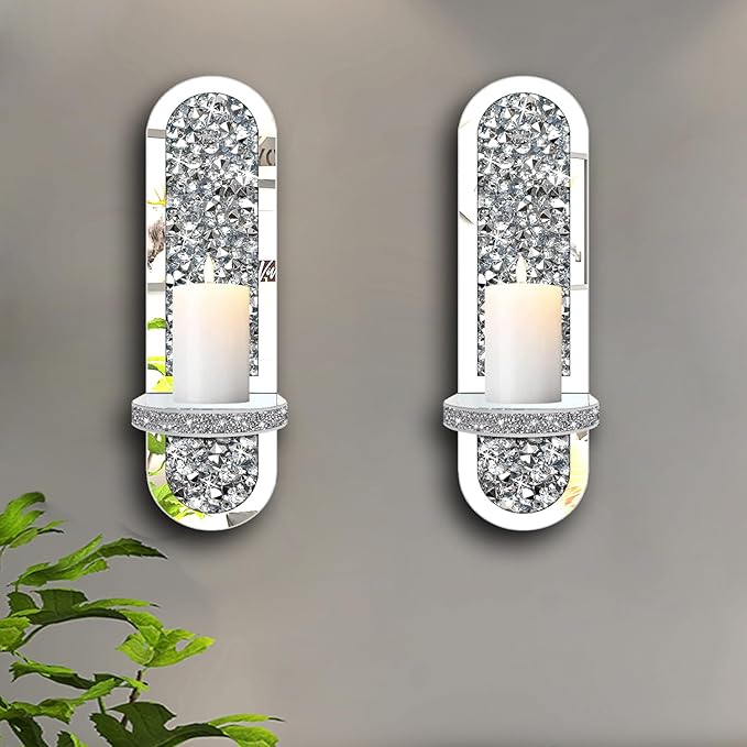 ZOLAPI Set of 2 Crystal Crush Diamond Candle Sconces, Gorgeous Silver Mirrored Wall Sconce,Oval Candle Holder Glass Wall Decorations for Home Décor, Living Room, Dining Room.