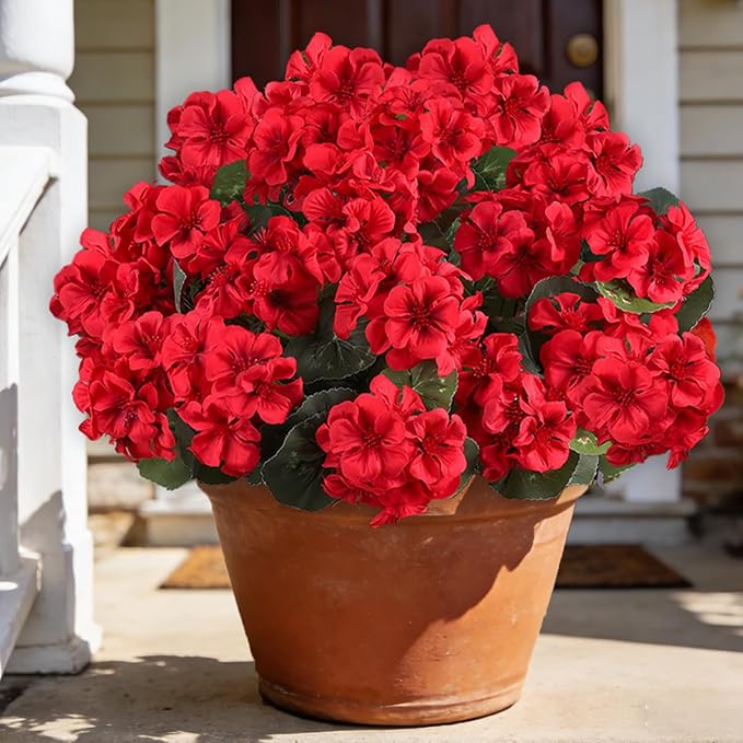 Artificial Flowers for Outdoors, 6 Bundles Realistic Silk Fake Red Geraniums, Faux Plastic Flowers for Outdoor Planters, Hanging Baskets, Window Boxes, Porch, Patio Decor