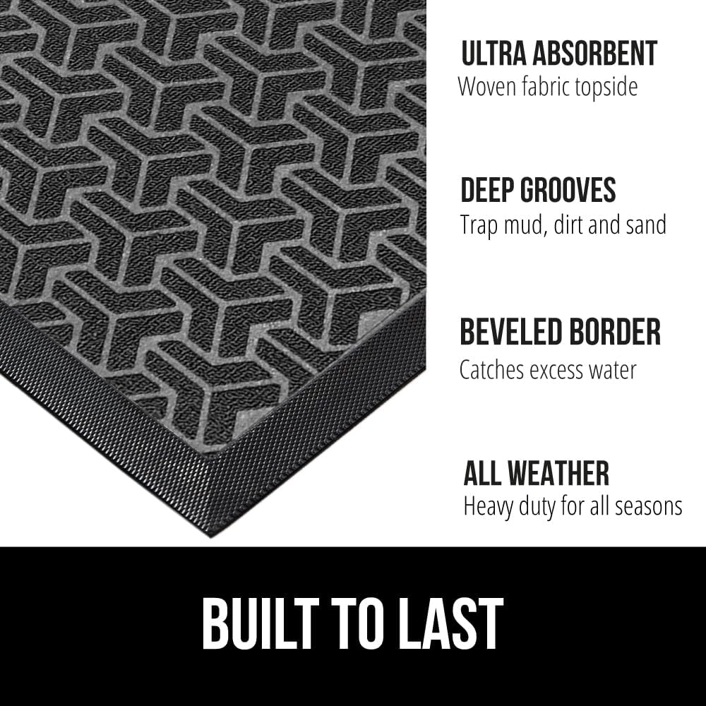 GORILLA GRIP 100% Waterproof All-Season WeatherMax Doormat, US Designed Natural Rubber, Stain and Fade Resistant, Low Profile Indoor Outdoor Door Mats, Easy Clean Patio Mat, 17x29, Slate Geometric