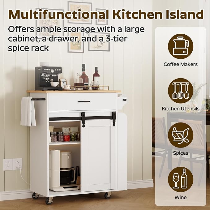 YATINEY Kitchen Island with Storage, Mobile Kitchen Cart with Charging Station, Kitchen Island on Wheels, Rolling Island Table with Sliding Cabinet Door, White and Natural ZD01UWN